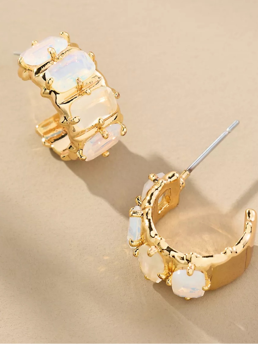 Nwt Anthropologie Crystal Baguette Huggie Hoop Earrings White